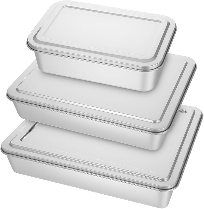3 Set Stainless Steel Cake Pan with Lid, 13/11/9 Inch Rectangle Cake Pans Sets with Covers Baking Bakeware for Bread Fish Meat Vegetables, Non-Stick, Mirror Finish, Dishwasher Safe