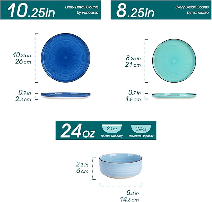 vancasso Bonita Blue Dinnerware Sets, Plates and Bowls Set for 4, 12 Pieces Stoneware Dinnerware Set, Dishwasher and Microwave Safe