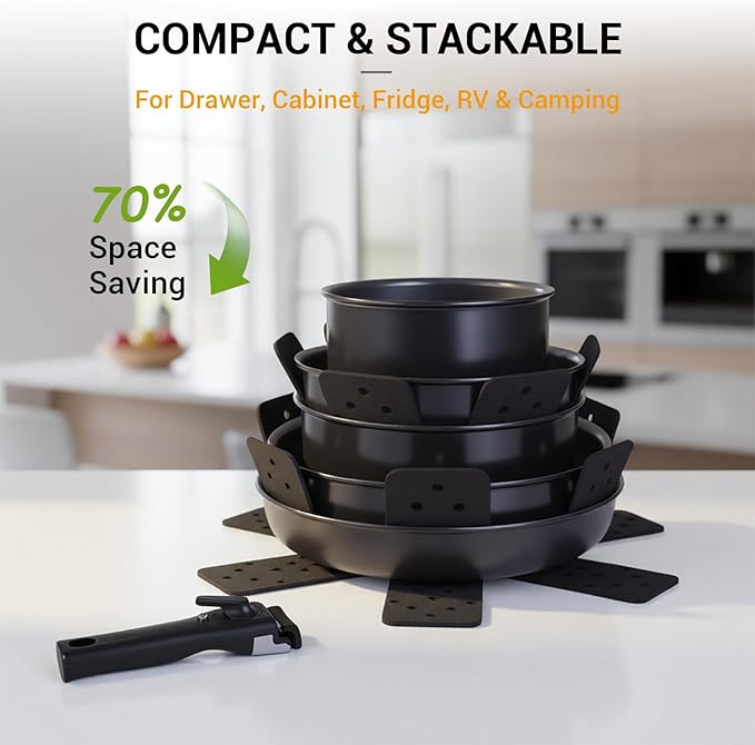 Ammeloo 18 Pcs Ceramic Pots and Pans Set Non Stick Kitchen Cookware Set with Detachable Handle, Non Toxic Cooking Set with Removable Handle for RVs, Camping, Fridge, Dishwasher/Oven Safe