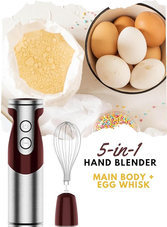 MegaWise Pro Titanium Reinforced 5 in1 Immersion Hand Blender, Powerful with 80% Sharper Blades, 12 Speed Corded Blender, Including 500ml Chopper, 600ml Beaker, Whisk and Milk Frother