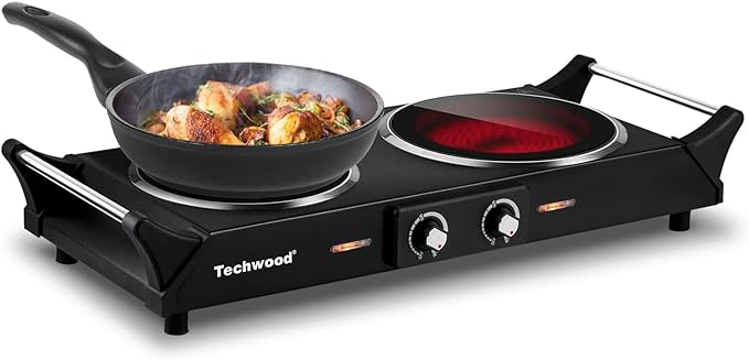 Hot Plate, Techwood 1800W Double Infrared Ceramic Electric Stove for Cooking, Dual Control Cooktop Burners, Portable Anti-scald Handles Suitable for RV/Home/Camp, Compatible for All Cookwares