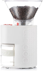 Bodum Bistro Electric Conical Burr Coffee Grinder, Preset Timer, 12 Grind Settings, White