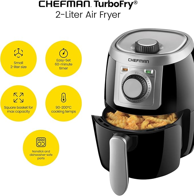 CHEFMAN Small, Compact Air Fryer Healthy Cooking, 2 Qt, Nonstick, User Friendly and Adjustable Temperature Control w/ 60 Minute Timer & Auto Shutoff, Dishwasher Safe Basket, BPA - Free, Black