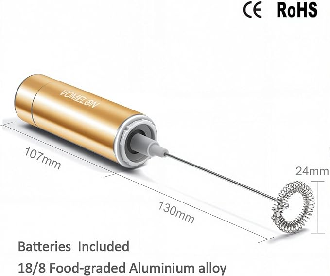 Milk Frother Handheld, Battery Operated Coffee Foamer Drink Mixer with 2 Stainless Steel Electric Whisks for Coffee, Latte, Cappuccino, Hot Chocolate, Protein， Batteries Included, Golden