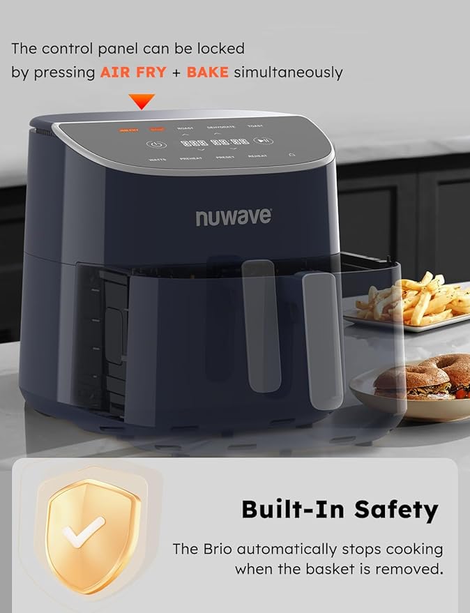 Nuwave Brio Plus 8 Qt Air Fryer, PFAS Free, New & Improved, Digital Touch Screen, Cool White Display, 50°F~400°F in Precise 5°, 5 Cook Functions, 100 Presets & 50 Memory, 3 Wattages 700, 1500, 1800