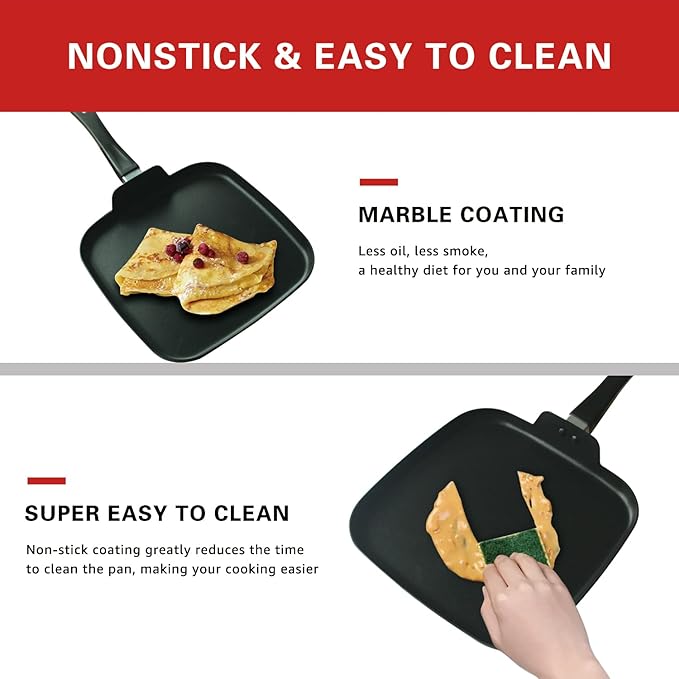 10 Inch Square Griddle Pan, Nonstick Grill Pan for Cooking Eggs, Omelettes, and More, Griddle Cookware, PFOA Free