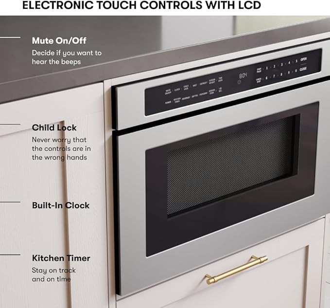 Zephyr 30 inch Built In Drawer Microwave Oven Under Cabinet - Integrated, Wall Mount, Under Counter Pull Out Microwave Drawer 1.2 cu ft, Preset Cooking Options, Easy Clean Coating, 1000W