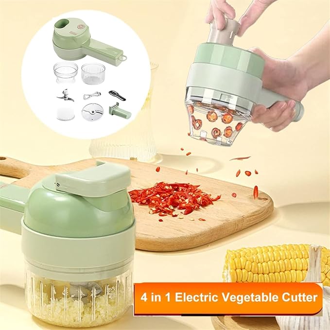 4 in 1 Handheld Electric Vegetable Cutter Set, Multifunctional Mini Electric Grinder Garlic Mud Masher Chopper, Portable Food Processor with Brush, for Garlic Chili Onion Ginger Celery Meat