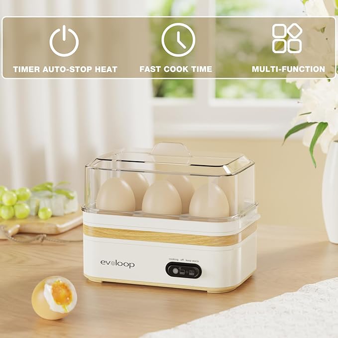 Rapid Egg Cooker Electric 6 Eggs Capacity, Soft, Medium, Hard Boiled, Poacher, Omelet Maker Egg Poacher With Auto Shut-Off, BPA Free-White