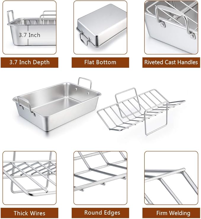 P&P CHEF 14" Roaster Roasting Pan with Baking Rack and V-shaped Rack, Stainless Steel Rectangular Lasagna Pan with Handles for Turkey Chicken, Healthy & Dishwasher Safe, 3 Pieces, Silver