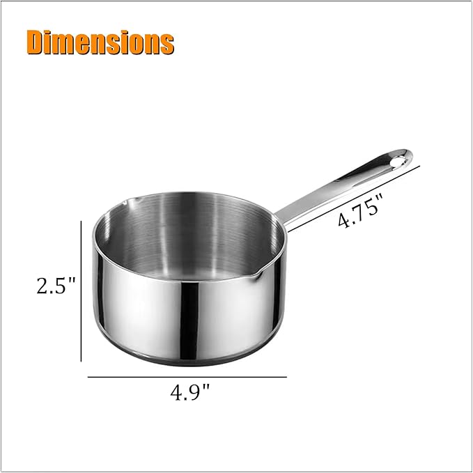 Butter Warmer Pot, Small Sauce Pan, Thick 3-PLY Heavy Duty Stainless Steel Cooking Pot for Milk, Coffee, and Melting Chocolate, 0.5-Quart