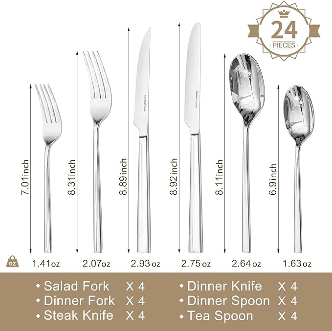 KINGSTONE Silverware Set with Steak Knives, 24-Piece Forged Flatware Set Cutlery Set Premium Stainless Steel, Service for 4, for Kitchen, Home, Wedding, Party, Mirror Polished and Dishwasher Safe