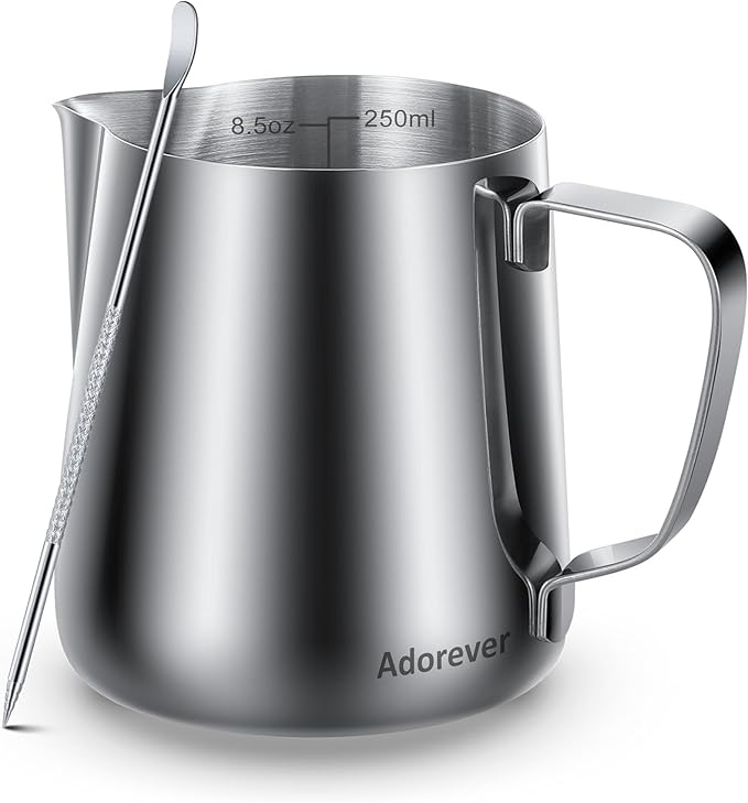 Milk Frothing Pitcher, 8.5oz / 250ml Steaming Pitcher Stainless Steel Espresso Machine Accessories for Coffee Bar, Cappuccino Barista Tools Milk Jug Steamer Frother Cup with Latte Art Pen
