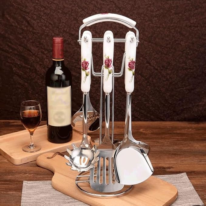 Ceramic Handles Cooking Tool Set Stainless Steel Kitchen Utensils Of Cookers Shovels Spoons(D)