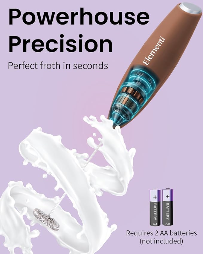 Elementi Coffee Mixer Wand & Drink Mixer with Stand - Powerful Coffee Frother Handheld Milk Frother Wand - Hand Held Milk Foamer to Make Perfect Cappuccinos, Lattes & Drink Mixes at Home (Mocha)