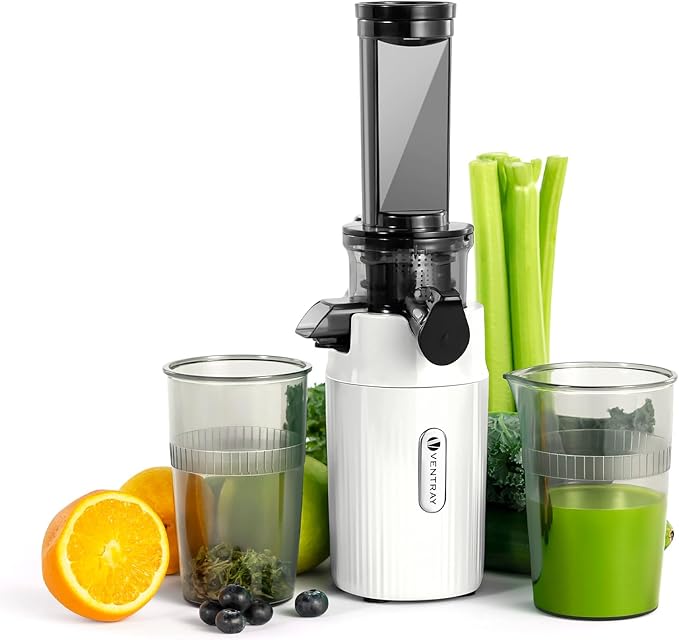 Ventray Ginnie Mini Cold Press Juicer, Small Slow Masticating Juicer for Vegetables and Fruits, High Juice Yield, Easy to Clean, Space-Saving, Fit for Personal/Travel/Picnic/Office - White