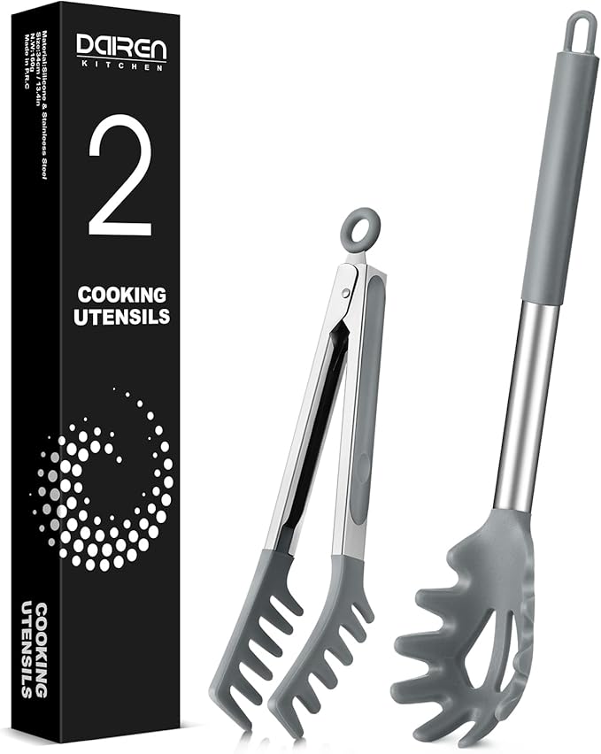 Spaghetti Spoon and Pasta Tong, Non-stick Silicone Spoon Server Fork With Teeth and Stainless Steel Handle, Food Clip for Noodles (Grey)