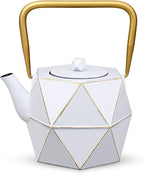 Toptier Cast Iron Teapot, Stovetop Safe Japanese Cast Iron Tea Kettle, Diamond Design Tea Pot with Removable Infuser for Loose Tea, 30 Ounce (900 ml), White