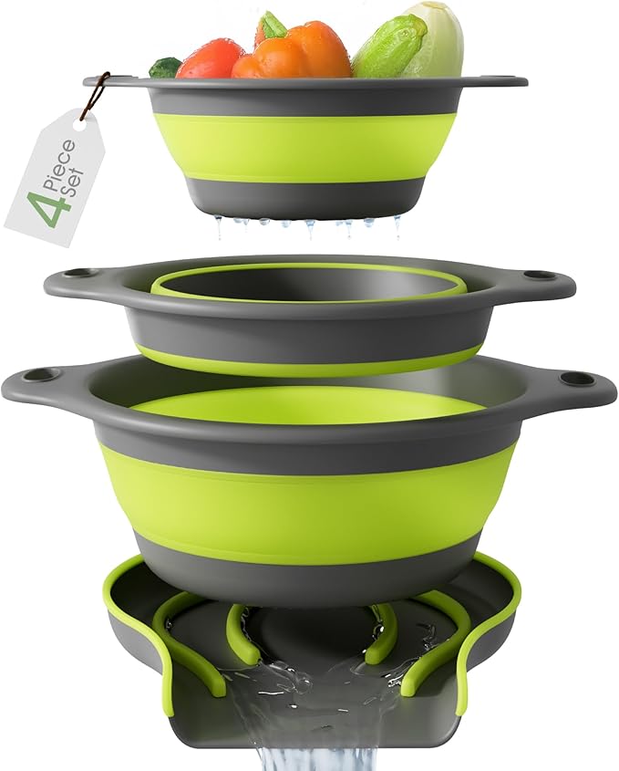 Gevoli 3-Pack Collapsible Colanders with Self-Draining Base, Over Sink-edge Silicone Food Strainers, Small/Med/Large Sizes, Nesting for Easy Compact Storage (3Qt, 4Qt, 5-Quart Set) Green/Gray