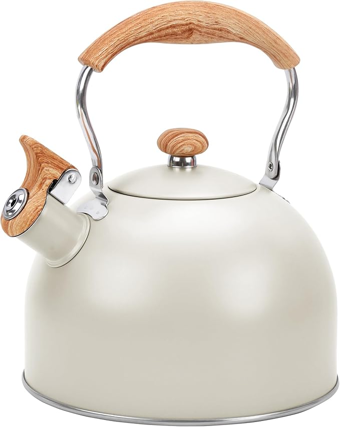 GGC Tea Kettle for Stove Top, 85OZ/2.6QT Whistling Tea Kettles for Boiling Water Milik or Coffee, White Stainless Steel Tea Pots with Wood Pattern Folding Handle, Thumb Design Control Kettle Outlet
