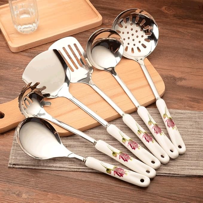 Ceramic Handles Cooking Tool Set Stainless Steel Kitchen Utensils Of Cookers Shovels Spoons(D)