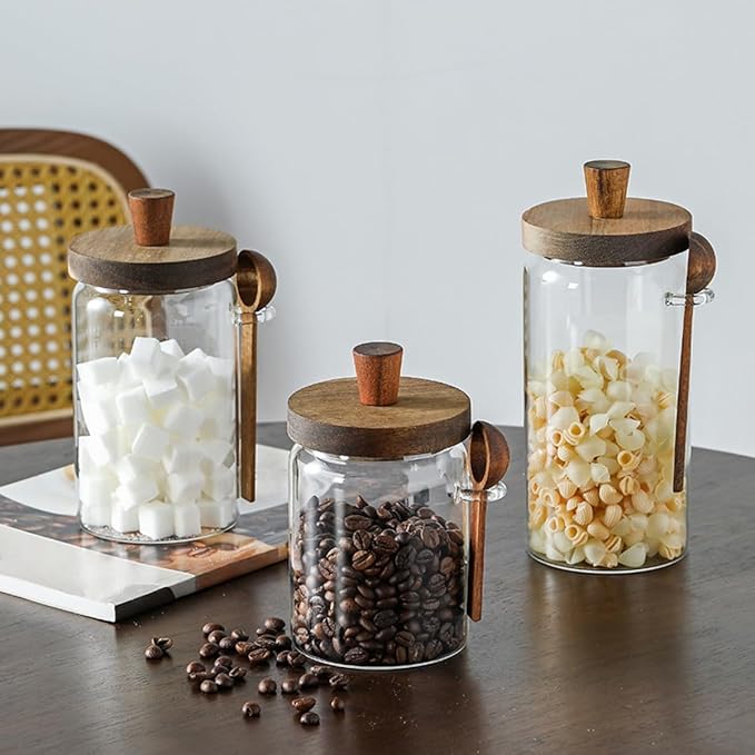 ANSQU 2 Pack Glass Jars with Wooden Lids & Spoons, 34oz Food Storage Containers Coffee Jar Coffee Grounds Container, Food Storage Canister