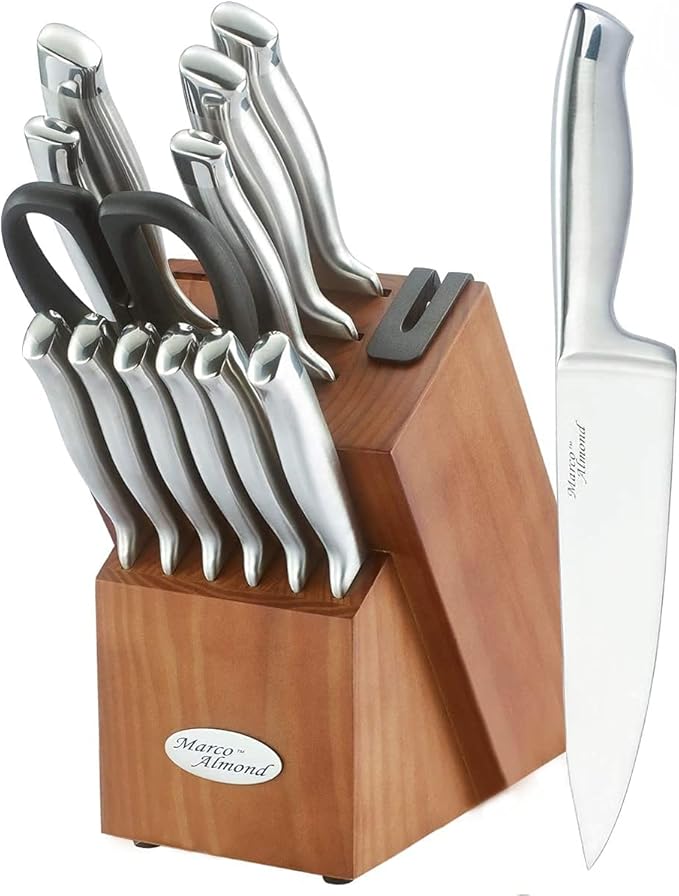 Marco Almond® Knife Block Set, KYA26 Knife Set with Block, 14 Pieces Stainless Steel Chef Kitchen Knives with Built-in Sharpener