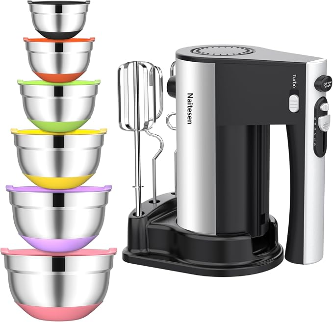 600W Electric Hand Mixer with 6 Piece Mixing Bowls with Airtight Lids Set, Mixer Electric Handheld Stainless Steel Metal Nesting Bowls Set for Kitchen Cooking Baking