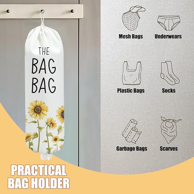 2 Pcs Sunflower Plastic Bag Holder, Lemon grocery bag holder for plastic Storage bag, Reusable Grocery Bag Organizer with Drawstring, Pull Rope Free Adjustment, Home Kitchen Pantry Decor, 22.5x9 Inch