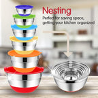 Rottay Mixing Bowls with Airtight Lids, 20PCS Stainless Steel Mixing Bowl Set, Nesting Bowls with 3 Grater Attachments & Non-Slip Bottoms, Size7, 4, 3, 2, 1.5, 1QT Bowls for Baking&Prepping