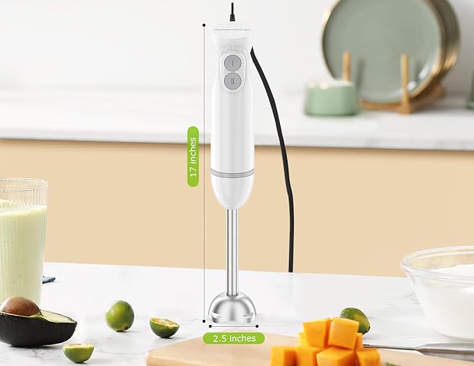 Bonsenkitchen Hand Blender, Immersion Blender with 2 Mixing Speed, Electric Portable Handheld Stick Mixer with Stainless Steel Blades for Soup, Smoothie, Puree, Baby Food, White