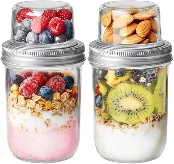 ComSaf Overnight Oats Containers with Lids (16OZ+4OZ, 2PCS) On-The-Go Dual-Laryer Yogurt Parfait Cups with Dry and Wet Separation Mason Jars for Chia Pudding Cereal Nut Fruit Meal Prep Salad
