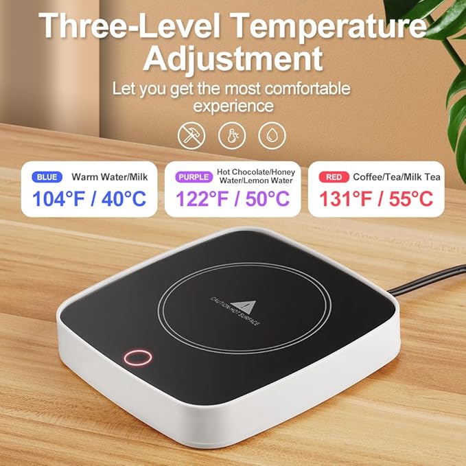 Coffee Mug Warmer Waterproof Smart Cup Warmer with 3 Temperature Setting for Warming & Heating Coffee, Beverage, Milk, Tea and Hot Chocolate (White)