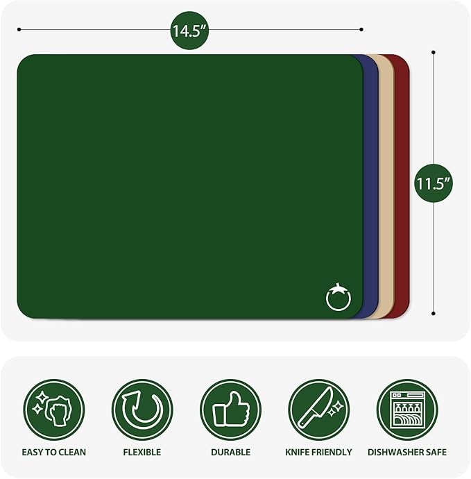WK Plastic Flexible Cutting Boards for Kitchen Set of 4, Colored Cutting Board Mats with Food Icons, Non-Slip Cutting Mats, BPA Free, Dishwasher Safe