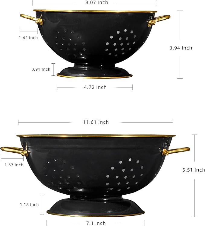 Metal Colander 2 Pack, 3.5 Quart Powder Coated Self-draining Solid Ring Base Metal Large Kitchen Pasta Vegetable Fruit Strainer with Handle (L-BLACK)