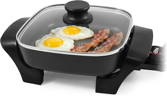 Elite Gourmet EG808 Electric Skillet 8"x8" Non-Stick Coating, Tempered Glass Lid, Removable Thermostat 200°F–400°F, Dishwasher Safe, 600W Compact 2.5-Qt Capacity for Eggs, Bacon & One-Pot Meals, Black