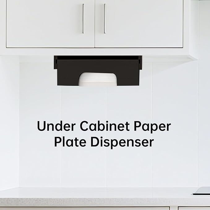 Bamboo Paper Plate Dispenser 9 inch - Wooden Paper Plate Dispenser Under Cabinet, Kitchen Countertop Vertical Plate Holder Organizer Black