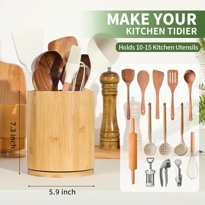 Wooden Utensil Holder, 360°Rotating 7.3'' Large Utensil Holder for Kitchen Counter, Kitchen Utensil Organizer, Utensil Crock, Farmhouse Kitchens Countertop Decor, Bamboo Wood