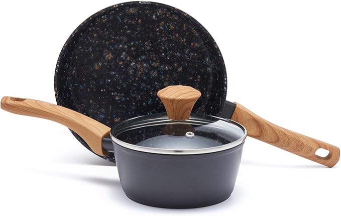 2-Piece Nonstick Cookware Set, 8.5 Inch Frying Pan & 1.43QT Saucepan with Lid | PFAS & PFOA Free Non-Toxic Coating | Induction Compatible, Dishwasher Safe | Pots and Pans Set for Beginner Kitchen
