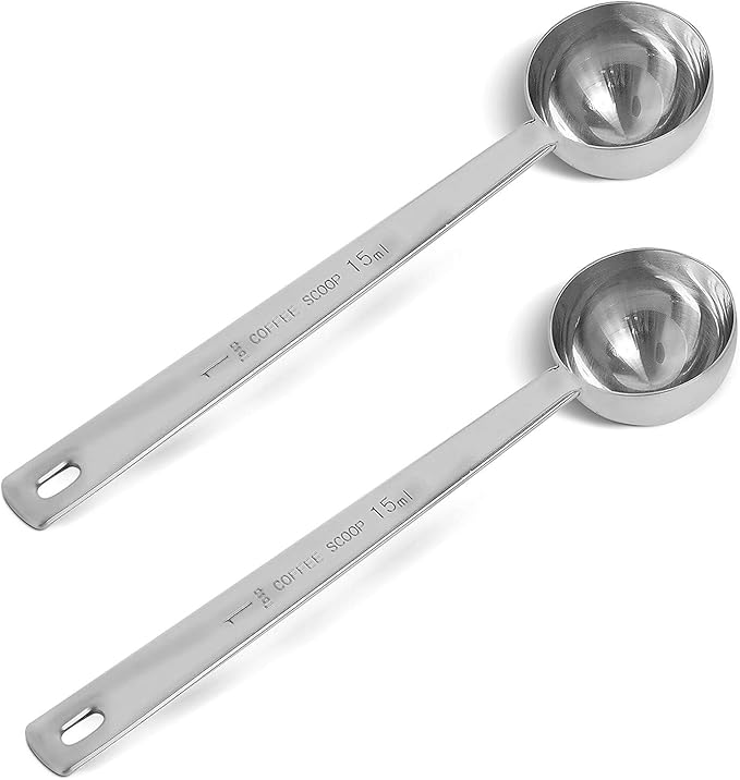 2-piece stainless steel tablespoon measure spoon, coffee scoop 1 tablespoon, long handle coffee scoop suitable for coffee powder and coffee making (silver-2pcs-15ml)