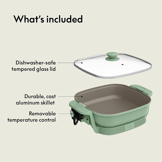 bella Make & Take Electric Skillet, Fits-anywhere™ kitchenware, EverGood™ Ceramic Coating, Adjustable Temperature & Dishwasher-Safe Tempered Glass Lid, Cast Aluminum Base, 1200 Watt, Seaglass