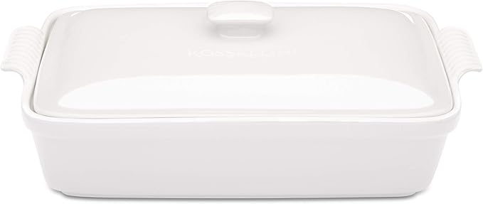 ROSSALLINI Stoneware Casserole Dish Bakeware Set with Lid, Covered Rectangular Dinnerware, Large 3.2 Quart, 11 by 9 Inch, Bianco [White]