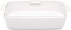 ROSSALLINI Stoneware Casserole Dish Bakeware Set with Lid, Covered Rectangular Dinnerware, Large 3.2 Quart, 11 by 9 Inch, Bianco [White]