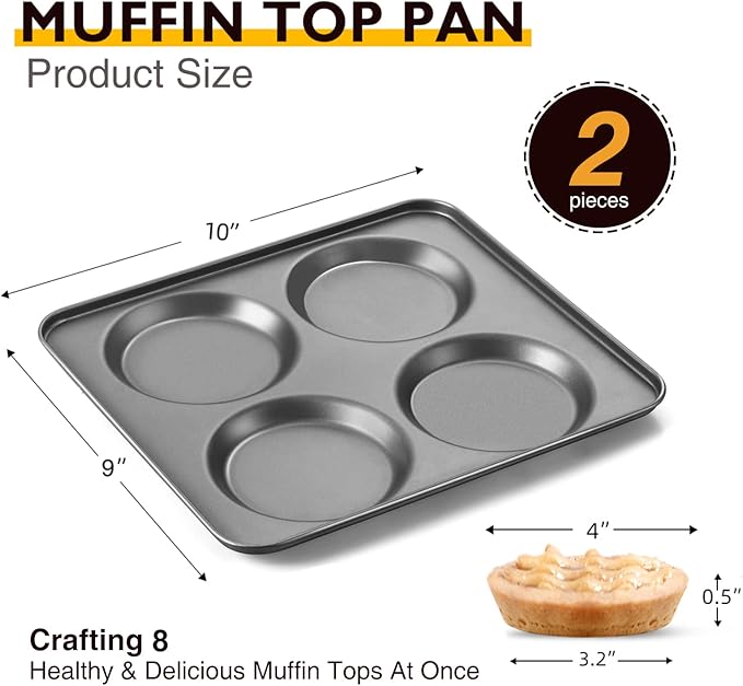 HONGBAKE Large Muffin Top Pan Set of 2, 4 Cup Nonstick Hamburger Bun Baking Pan, Jumbo Whoopie Pie Pan for Egg Sandwich, Cornbread, Layer Cake