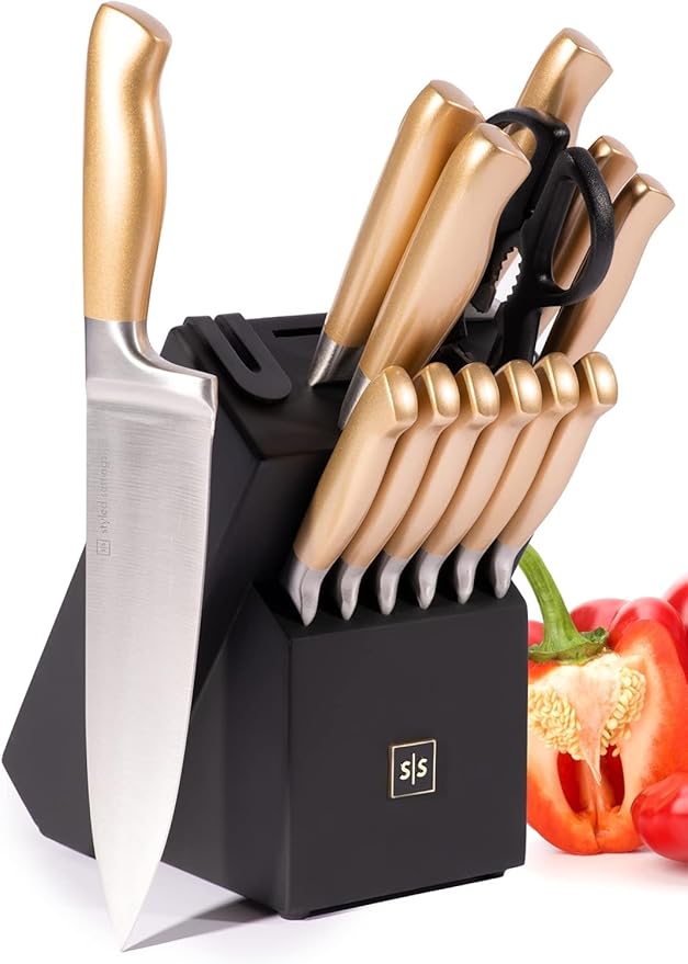 Black and Gold Knife Set for Kitchen with Block – 14-Piece Ultra-Sharp Stainless Steel Knives with Gold Handles and Built-In Sharpener – Stylish Kitchen Accessories for Cooking and Decor