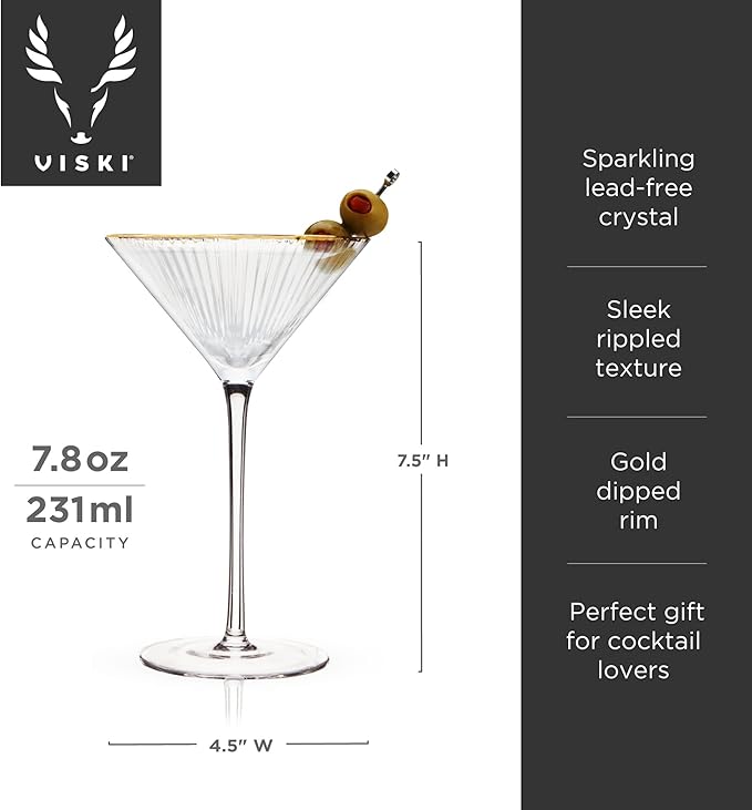 Viski Meridian Martini Glasses - Stemmed Fun Cocktail Glasses - Art Deco Ripple Gold Rimmed Crystal Glassware - 7.8oz Set of 2