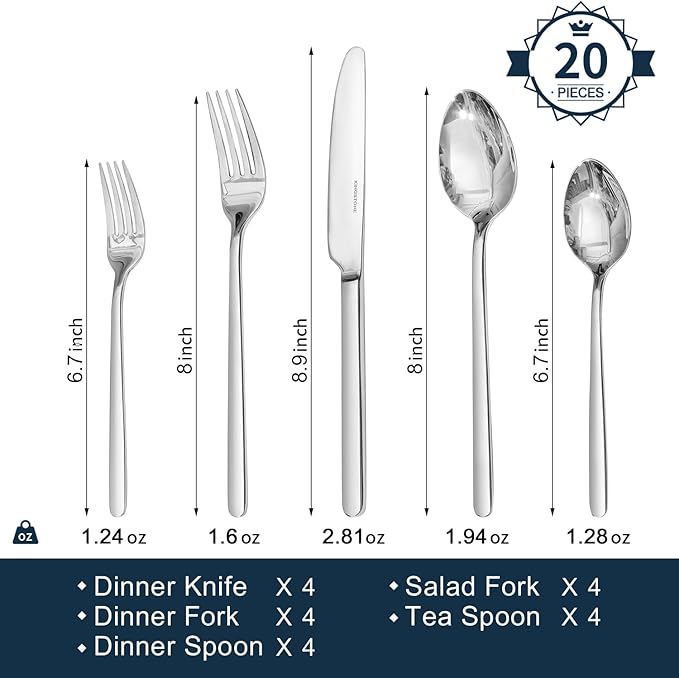 KINGSTONE Silverware Set, 20 Piece Flatware Cutlery Set for 4, 18/10 Stainless Steel Silverware Mirror Polished Dishwasher Safe for Home, Restaurant, Wedding, Party(Silver, 20 pieces for 4)