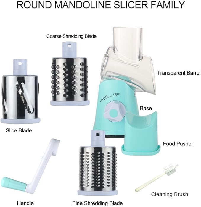 Cambom Rotary Cheese Grater Hand Crank Cheese Shredder for Fresh Cheese, Vegetable, Nuts,Non-slip Suction Base, Free Cleaning Brush Three Blades, Blue