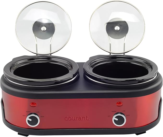 Courant 3.2-Quart Double Slow Cooker (1.6-Qt each) w/Warm Settings, Stainproof Stoneware Pots and Glass Lids – Red Stainless Steel