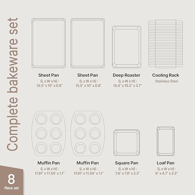 Bakken 8-Piece Stackable Bakeware Set – Ceramic Non-Stick, Oven-Safe Baking Sheets & Pans, PTFE/PFOA/PFOS-Free, Ergonomic Handles, Includes Cooling Rack – Healthy, Non-Toxic Baking Essentials